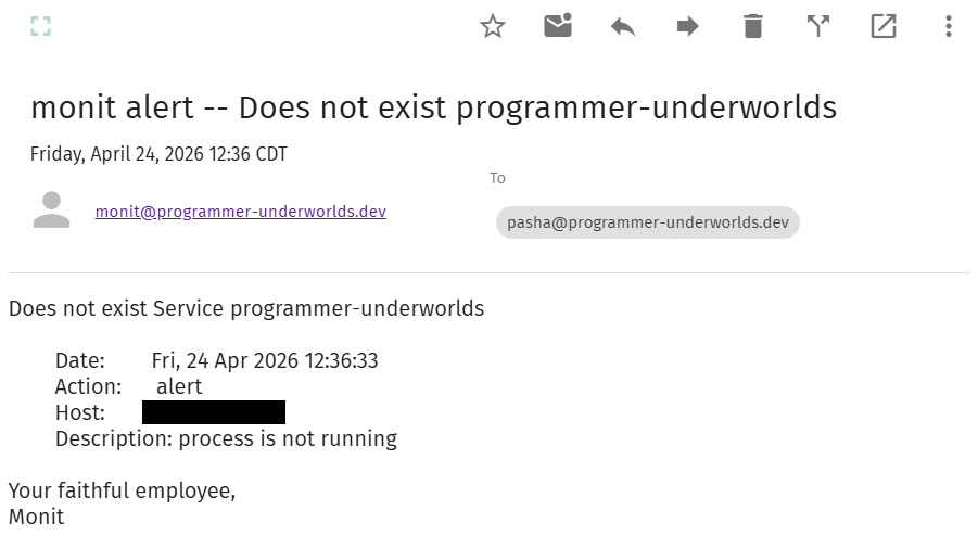 Письмо от monit о том что programmer-underworlds процесс помер.